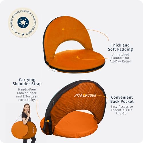 Alpcour Folding Stadium Seat – Deluxe Outdoor Camping Reclining Waterproof Cushion Chair for Bleachers – Best 6-Position Back Support Picnic Bleacher Seats w/Extra Thick Padding for Support & Comfort - color: Orange