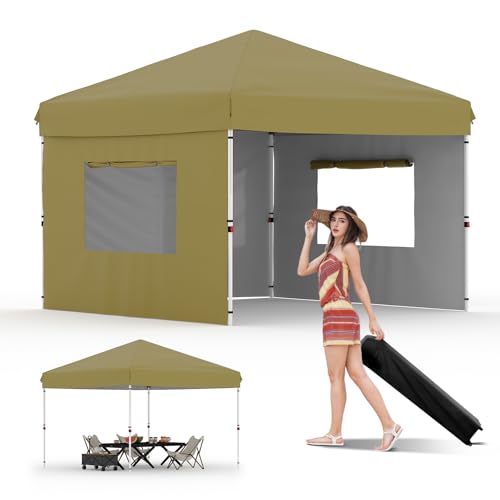 10x10 Pop Up Canopy with 3 Sidewalls - Easy Up Camping Tent with One Button Push Setup - 1 Roller Bag, 3 Adjustable Height, 4 Weight Bags for Deck, Garden, Sports, Beach, Party - Khaki - color: Khaki, size: 10x10