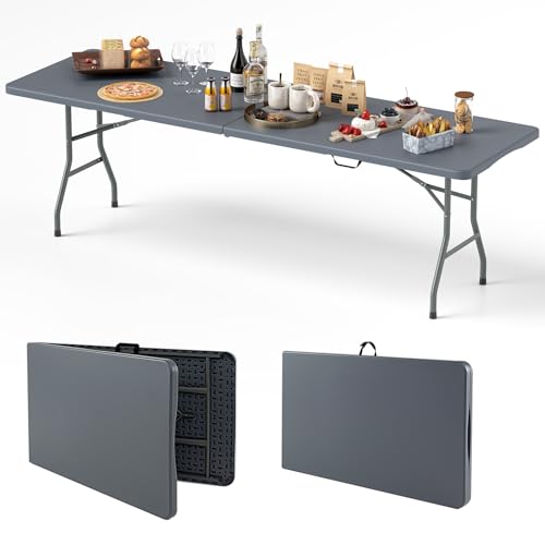 Goplus 8ft Plastic Folding Table, 350 LBS Outdoor Heavy Duty Folding Tables with HDPE Tabletop, Handle, Lock, Foldable Rectangle Portable Utility Card Table for Picnic, Party, Camping, Dining - color: Grey, size: 96.5" x 29" 29.5"