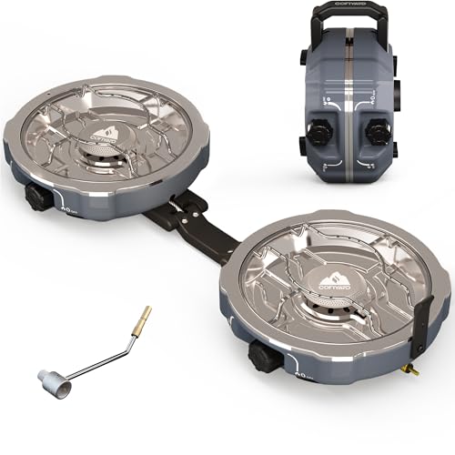 Cofiyard 20,000 BTUs 2 Burner Propane Camping Stove, Portable Folding Camp Stove with Adjustable Burners, Built-in Ignition and Carrying Bag, Dual Gas Stoves for Tailgating, Camping, BBQ Overland Grey - color: Overland Grey