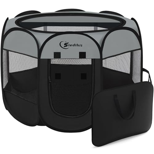 Siedihit Dark Grey Dog Cat Playpen, Puppy Pet Playpen, Small Dogs Tent Crates Cage Indoor/Outdoor, Portable Pop Up Dog Kennel Playpen with Carrying Case for Dogs/Cats/Rabbits - color: Dark Grey