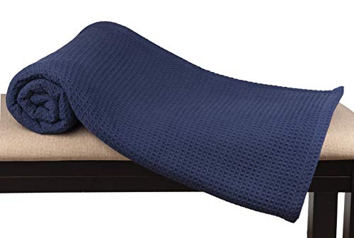 Glamburg 100% Cotton Thermal Bed Blanket, Soft Waffle, Queen Size, All Season, Navy Blue - color: Navy Blue, size: Queen (90"x90")