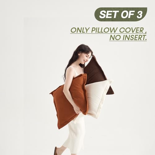 COCO TOP Set of 3 Super Soft Striped Corduroy Throw Pillow Covers 18x18inch, Decorative Boho Square Pillow Covers for Sofa Couch Aesthetic Decor Bedroom Living Room (Earthy Brown, Rust & Cream) - color: Dark Brown/Rust/White, size: 18" x 18" (Pack of 3)