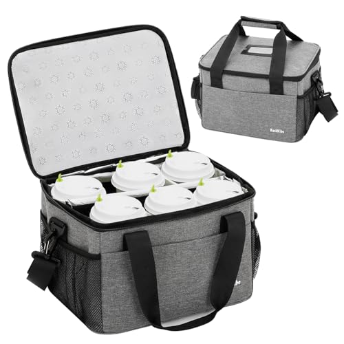 6 Cups Drink Carrier for Delivery, Reusable Cup Holder with Handle, Insulated Collapsible Drink Carrier, Adjustable Dividers, Shoulder Strap, Portable Cooler Tote Bag for Delivery, Travel, Car (Grey) - color: Grey
