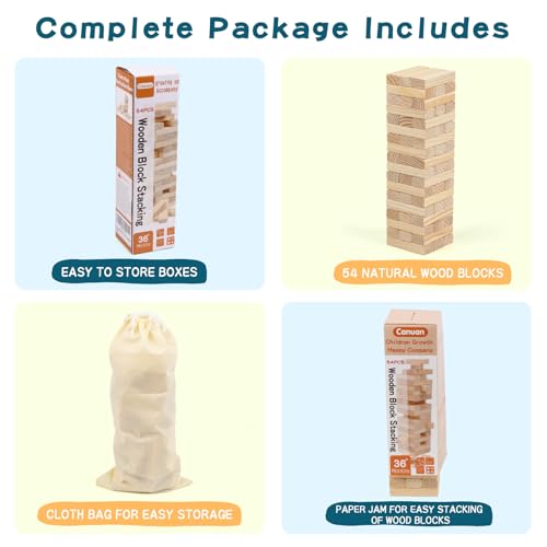 54PCS Classic Block Stacking Board Game Wooden Blocks Stacking Games for Kids and Families Tumbling Tower Blocks Game for Kids and Adults with Storage Bag