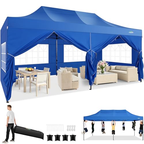 COBIZI 10x20 Heavy Duty Pop Up Canopy Tent with 6 Sidewalls Thicken Frame, Commercial Easy Up Outdoor Wedding Party Tents, All Season Waterproof Windproof with Stakes Sandbags Ropes Roller Bag, Uranus - color: Uranus, size: 10x20