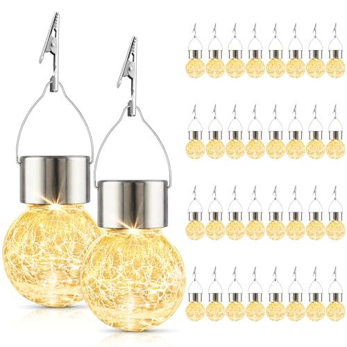 Solar Lights Outdoor Decorative 32 Pack, Hanging Solar Garden Lights Waterproof, Solar Powered Globe Lantern Cracked Glass Ball Lights for Yard Patio Fence Tree Umbrella Holiday Decoration, Warm White - color: Warm White, size: 32
