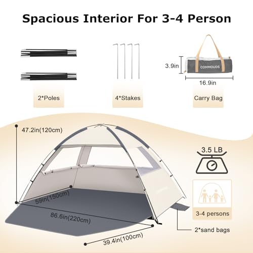 COMMOUDS Beach Tent Sun Shade for 3/4/6/8 Person, UPF 50+ Beach Sun Shelter Canopy Tent, Lightweight, Easy Set Up and Carry - color: CreamyGray, size: 3 Person