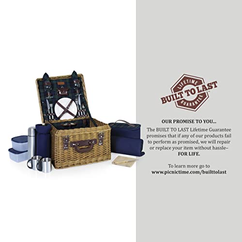 PICNIC TIME Romantic Canterbury Deluxe Wicker Picnic Basket Set for 2, with Blanket and Soft Cooler, One Size, Navy With Plaid