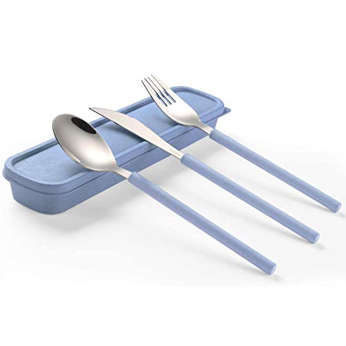 Portable Home Utensils Reusable Flatware Set with Case, Stainless Steel Metal Travel Cutlery Lunch Tableware 3 PCs Size Fork Spoon Knife with Colored Handle(Fork Spoon Knife 1 set, Blue) - color: M Blue