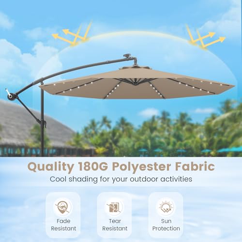 Tangkula 10FT Offset Patio Umbrella with Base Included, Outdoor Cantilever Umbrella with 40 Solar LED Lights, Tilt Adjustment, Crank Handle, Vented Top, Sand Bags for Pool Yard Deck (Tan) - color: Tan
