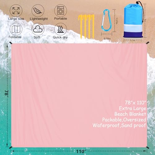 Beach Blanket Waterproof Sandproof Oversized Lightweight 78''×110'' 1-7 Adults Blanket Beach Large Picnic Mat for Travel Camping Hiking Picnic - color: Pink, size: 78''x110''