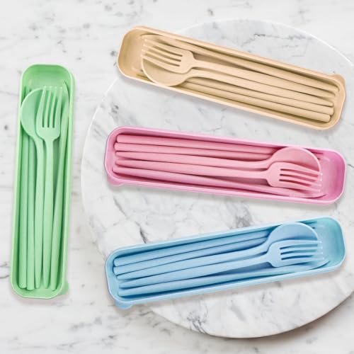 4 Sets Reusable Utensils Set with Case,Camping Cutlery Set Travel Silverware Set with Case Lunch Utensils Set for Work,Utensil Sets for Lunch Picnic Daily Use Outdoor (COLOR A) - color: COLOR A