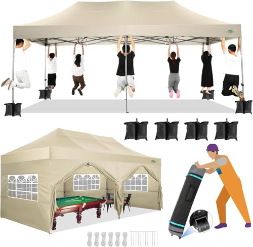 COBIZI 10x20 Canopy with Sidewalls, Heavy Duty Party Tent Pop up carpas para Fiestas, Tents for Parties, Wedding, Outdoor Easy Pop up Foldable Portable Canopy Tent with Wheeled Bag, Khaki Upgrade - color: Khaki, size: 10x20 With Sidewalls