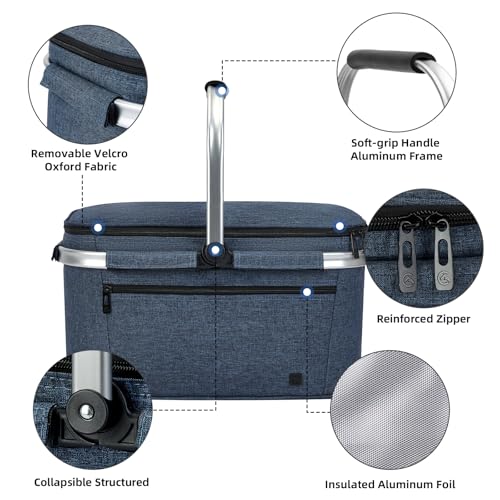 ALLCAMP Picnic Basket - 2 Ice Box Included 32L Insulated Cooler, Thickening Foldable Picnic Basket with Removable Baskets & Sewn-in Frame, Basket for House Warming Gifts New Home(Blue) - color: Blue, size: Large