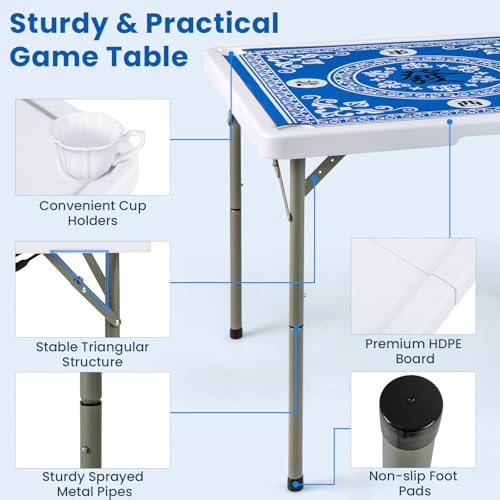 Goplus Mahjong Table, 35" Square Folding Card Table w/4Cup Holders, Anti Slip Mat, HDPE Tabletop, Metal Legs, Portable Mahjong Game Table for Domino Game, Picnic (Ocean Blue, Table w/Removable Mat) - style: Ocean Blue, Table w/Removable Mat