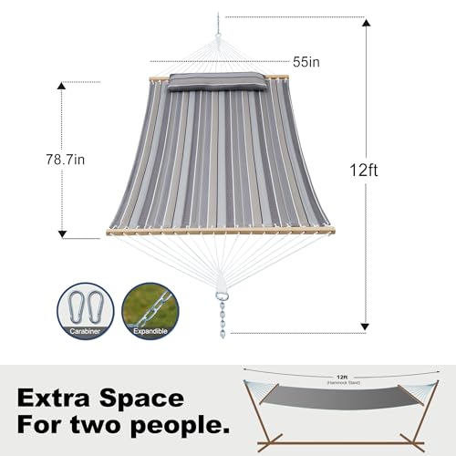 GAFETE Hammock 2 Person Quilted Fabric Hammocks for Outside, Double 12ft Hammocks with Spreader Bar, Large Removable Pillow, Storage Bag, Carabiners, Max 475 lbs Capacity (Peace Dove Grey) - color: Peace Dove Grey