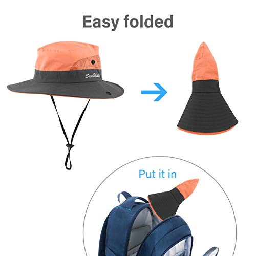 3 Pieces Womens Ponytail Wide Brim Sun Hat Packable UV Protection Beach Cap for Fishing & Hiking - color: Watermelon Red＆pink＆orange