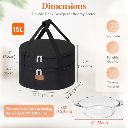Lifewit Insulated Double Decker Round Casserole Carrier, Portable Pie Carrier Bag for Hot or Cold Food, Fits 12.5" Baking Dish, Thermal Lunch Tote for Potluck Parties, Picnic and Cookouts, Black - color: Black, size: 12.2 x 12.2 x 7.7inch