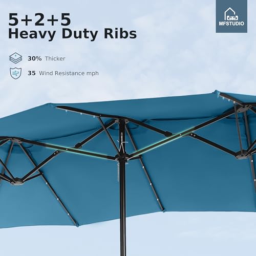 MFSTUDIO 15ft Double Sided Patio Umbrella with Solar Lights, Outdoor Large Umbrellas with Crank Handle and 36 LED Lights, Rectangular Market Umbrella with Base Included for Deck Pool Shade, Cerulean - color: Cerulean