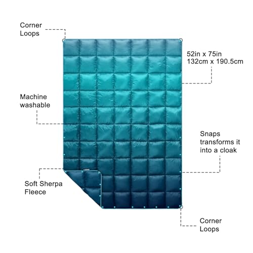zzlamb Camping Blanket for Cold Weather,Outdoor Puffy Blanket Portable Down Alternative,Windproof Warm Cloak with Snaps,Cozy Quilt Backpacking Picnic RV Travel Plane Car Hammock Beach Climbing - color: Lake Blue Fade, size: 52x75in