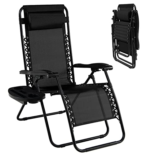 Goplus Zero Gravity Lounge Chairs, 160°Adjustable Folding Recliner w/Pillow and Cup Holder, 350LBS Comfy Outdoor Lounge Chairs for Patio, Lawn, Yard & Camp(1, Black) - color: Black, size: 35.4" x 25.2" x 43.3" (Set of 1)