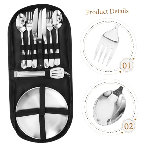 Abaodam 1Set Portable Camping Cutlery Set Stainless Steel Utensil Kit for Picnic Outdoor Dining Compact Storage Bag Lightweight Easy to Carry for Backpacking