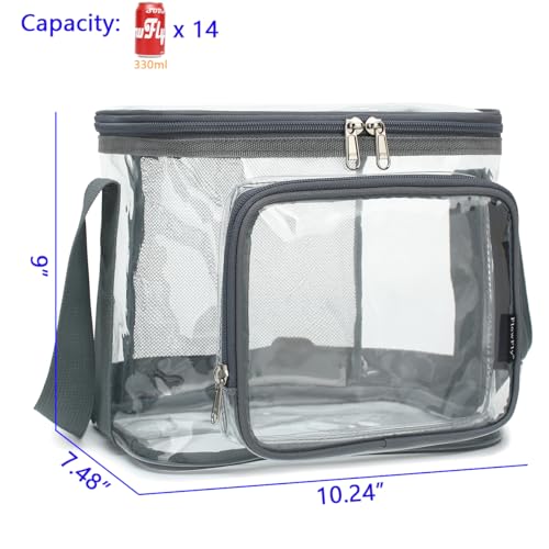 FlowFly Insulated Reusable Lunch Bag Adult Large Lunch Box for Women and Men with Adjustable Shoulder Strap,Front Zipper Pocket and Dual Large Mesh Side Pockets,Clear#Grey - color: Clear#Grey