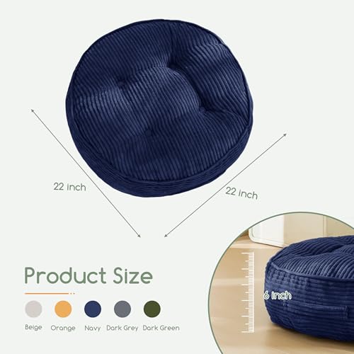 HIGOGOGO 6" Extra Thick Floor Pillow Cushion for Adults, Meditation Cushion Pillow, Large Round Floor Sitting, Tufted Corduroy Cover, for Tatami Living Room or Yoga, 22x22 Inch, 2Pack, Navy - color: Round Navy, size: 6" Thick(pack of 2)