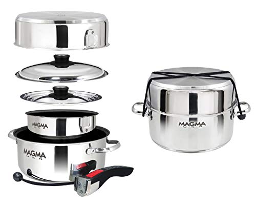 Magma 7 Piece Gourmet Nesting Stainless Steel Cookware Set with Ceramica Non-Stick, Induction Compatible, Oven Safe to 500°F - Suitable for All Stovetops, Removable Handles, Stainless Steel - color: Stainless Steel, style: 7 Piece, Non-stick