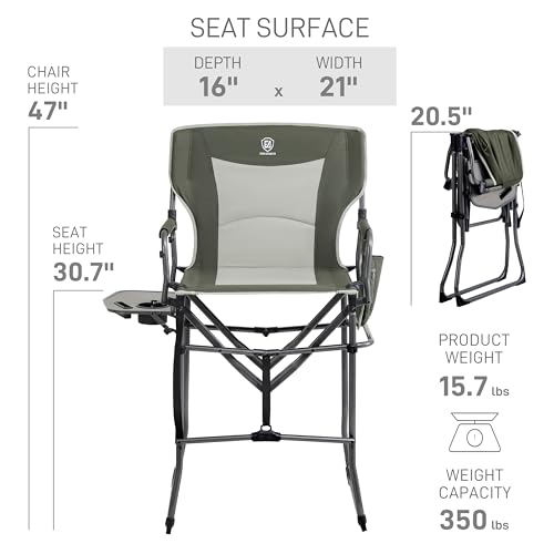 EVER ADVANCED Portable 30.7" Seat Height Tall Folding Camping Chair Directors Chair High Foldable Bar Stool with Side Table for Makeup Artist, Sports Event, Craft Show, Supports 350LBS - color: Green Grey
