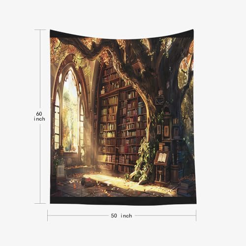 EMMTEEY Library Bookshelf Art Tapestry 50X60 Inch - Large Tree Bathroom Wall Decor Medieval Dark Academia Backdrop for Study Room Office - color: Fantasy-1, size: 50"L x 60"W