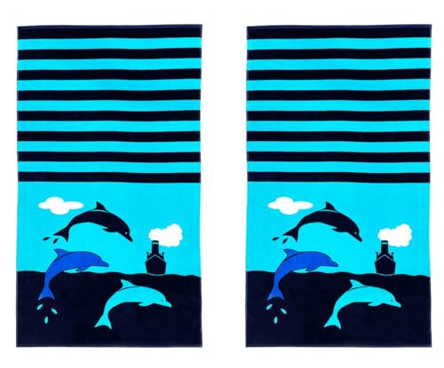 2 Pieces Beach Towels Velvet Terry Blanket Throw Soft Water Absorption Extra Large XL 34x63 inches 100% Cotton for Bath Swimming Sports School Travel Camping and Picnic, Dolphin Vessel. - color: Dolphin, size: 63.00"x34.00"