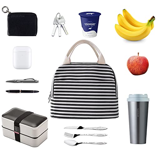 EurCross Canvas Lunch Tote Bag for Women for Work with Black and White Stripes, Reusable Insulated Meal Prep Preppy Lunch Box Bag for Daily Use, Cute Lunch Cooler Bento Boxes Bags - color: Black Stripes