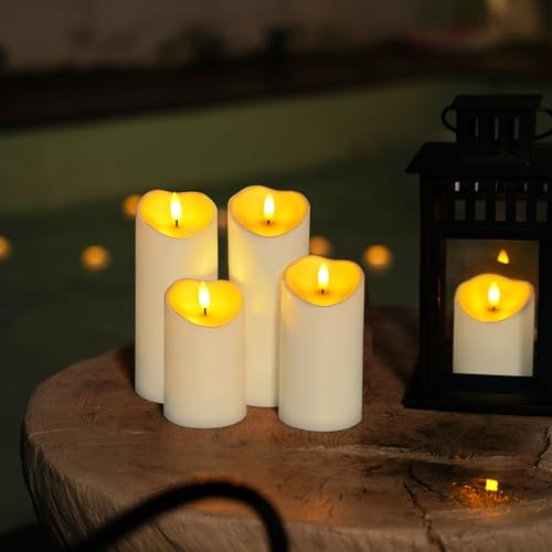 Homemory Outdoor Waterproof Flameless Candles, LED Candles, Battery Operated Candles with Remote and Timers, Electric Fake Plastic Pillar Candles, Ivory White, D3 H4 5" 6" 8" 8", Set of 5 - color: Ivory White, size: D3"xH4"5"6"8"8"