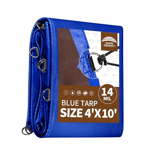RAINDEWAY Tarp 4x10 Feet Tarps Heavy Duty Waterproof with D-Rings, Reinforced Corners and Edges,UV Resistant,Multipurpose Poly Tarp for Roof,Wood,Camping,Blue/Brown - color: Blue/Brown, size: 4x10 Feet-Finished size