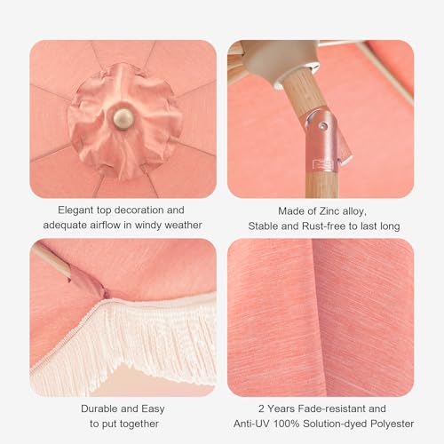 Tempera 9ft Auto Tilt Melon Red Scalloped Patio Umbrellas with Fringe, Outdoor Table Umbrellas with Fade Resistant Canopy,8 Sturdy Rids,Luxurious Vintage Umbrellas for Lawn,Pool,Balcony - color: Coral Red Tassels, size: 9 FT
