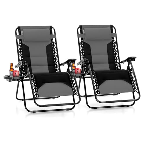 PHI VILLA Zero Gravity Chair Set of 2, Padded Anti Gravity Recliner, Oversized 28" Wide Seat, Foldable Patio Lounger with Armrest & Cup Holder, Supports 400 LBS (Grey) - color: Grey