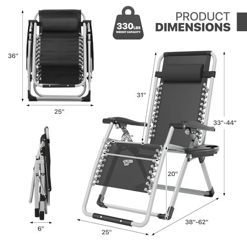 Magshion Zero Gravity Chair with Cushion, Reclining Outdoor Patio Lounge Chair, Folding Indoor Anti Gravity Recliner, Portable Lounger with Removable Cup Holder Side Tray and Pillow Headrest (Black) - color: Black