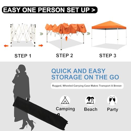 Northroad 10x10ft Pop Up Canopy, Popup Outdoor Canopy Tent with Wheeled Carrying Bag,Portable Gazebo Shelter for Patio,Deck,Garden,Beach（Orange） - color: Orange, size: 10x10