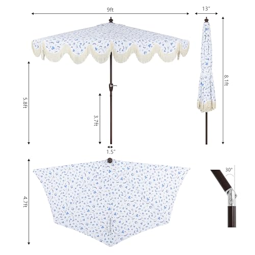 JONATHAN Y Half Umbrella UMB1201G Beverly 9 ft. Designer Classic Scalloped Fringe Market Patio with Crank, Push Button Tilt and UV Protection in Blue/White/Cream - color: Blue/White