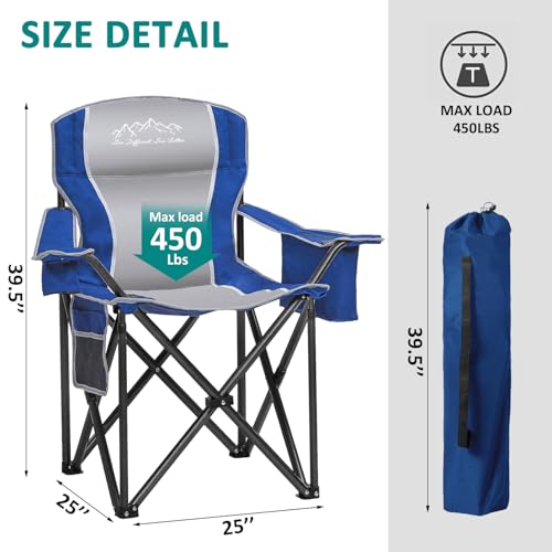 Camping Chair Portable Folding Outdoor Chair Heavy Duty Padded Chairs Lawn Chair with Cup Holder, Storage Pocket and Cooler Bag, Supports 500 LBS, Blue - color: Blue
