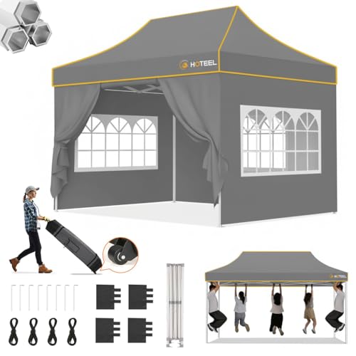 Hoteel 10x15 Pop Up Canopy Tent Heavy Duty with 4 Sidewalls, Waterproof Party Tent, Easy Set-up Commercial Instant Tents with Roller Bag & Sandbags, Hexagonal Leg (1-Year Warranty) - color: Gray, size: 10×15 （4 Walls）
