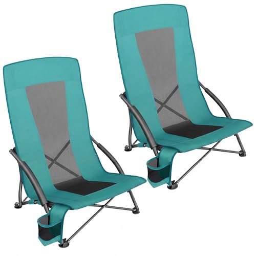 SONGMICS Set of 2 Portable Beach Chairs for Adults, Max. Load 330 lb Each, High Backrest, Cup Holder, Lightweight, Heavy-Duty, Green UGCB067C01V1 - color: Green, style: 2 Pack