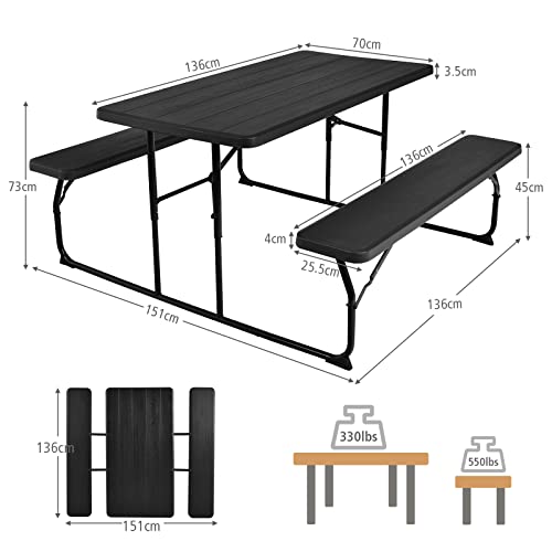 S AFSTAR Folding Picnic Table Bench Set, Foldable Picnic Table with 2 Benches, Outdoor Table and Bench W/Steel Frame & Wood-Like Texture Tabletop, Camping Table Chair Set for Garden Patio Lawn (Black) - color: Black