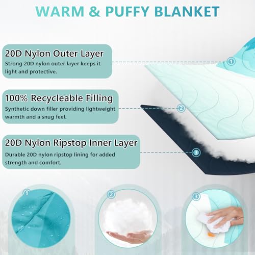 Camping Blanket, Waterproof Outdoor Blankets for Sleeping Packable Ultralight Puffy Camping Quilt for Hammock Hiking Picnic Stadium Beach Cold Weather 55"x78.8" - color: Cyan Mountain Blanket