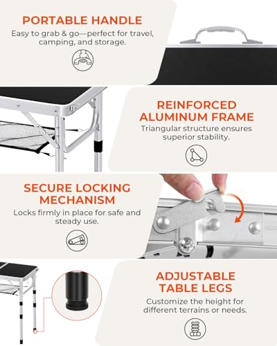 Sportneer Camping Table: Adjustable Height Small Folding Table 23.6" L x 15.7" W 4 Height with Mesh Layer - Compact & Portable Camping Essentials for Outdoor Camp Garden Picnic BBQ Dining Cooking - color: Black, size: 23.6"L x 15.7"W (4 Height)