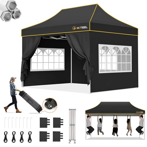 Hoteel 10x15 Pop Up Canopy Tent Heavy Duty with 4 Sidewalls, Waterproof Party Tent, Easy Set-up Commercial Instant Tents with Roller Bag & Sandbags, Hexagonal Leg (1-Year Warranty) - color: Black, size: 10×15 （4 Walls）