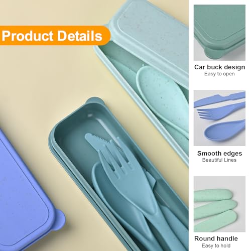 Travel Utensils Set with Case, 4 Sets Camping Utensils Wheat Straw Reusable Utensils Set With Case, Knife Fork and Spoon Utensils for Lunch Box - color: Blue, Light blue, Beige, Gray