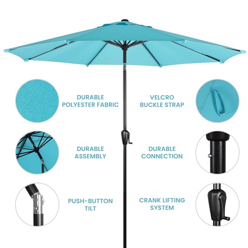 Sun-Ray 9' Round Patio Umbrella with Push-Button Tilt and Hand Crank Lift System, Market Umbrella for Porch, Deck, and Patio - color: Aqua